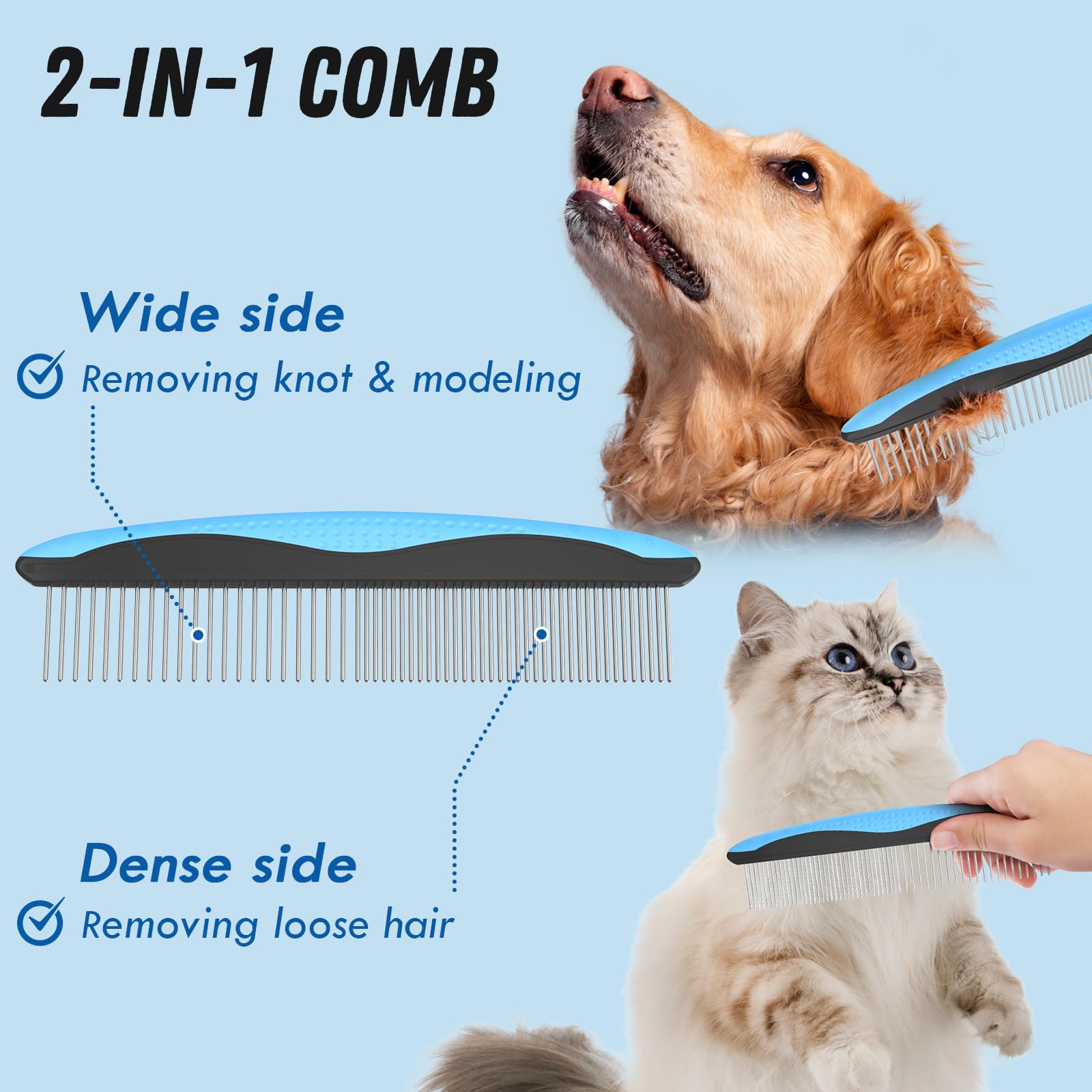 Blue Deshedding Brush & Metal Comb for Detangling Matted Fur on Long-Haired Cats