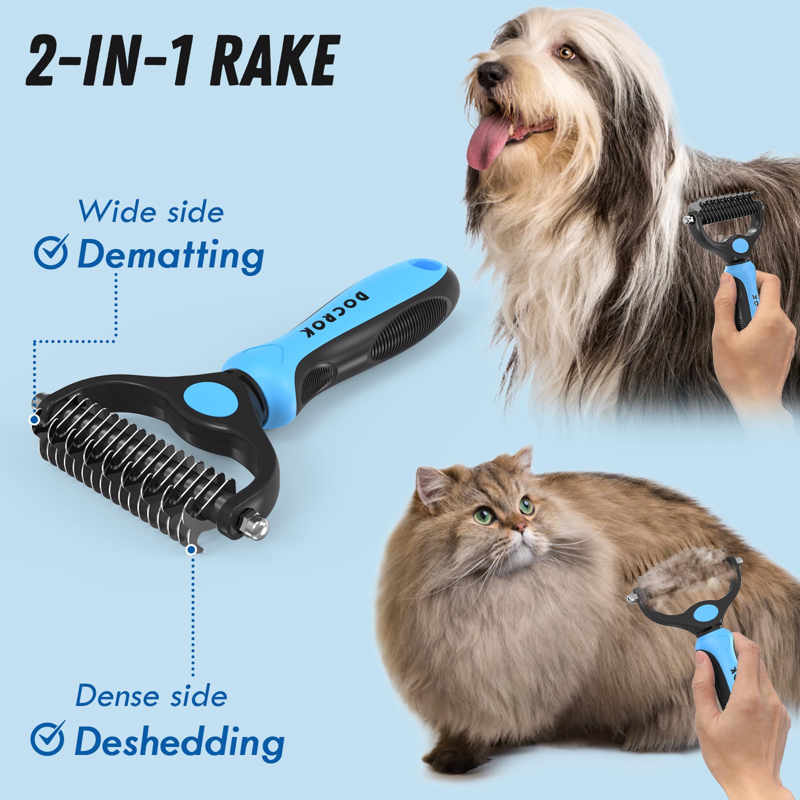 Blue Deshedding Brush & Metal Comb for Detangling Matted Fur on Long-Haired Cats