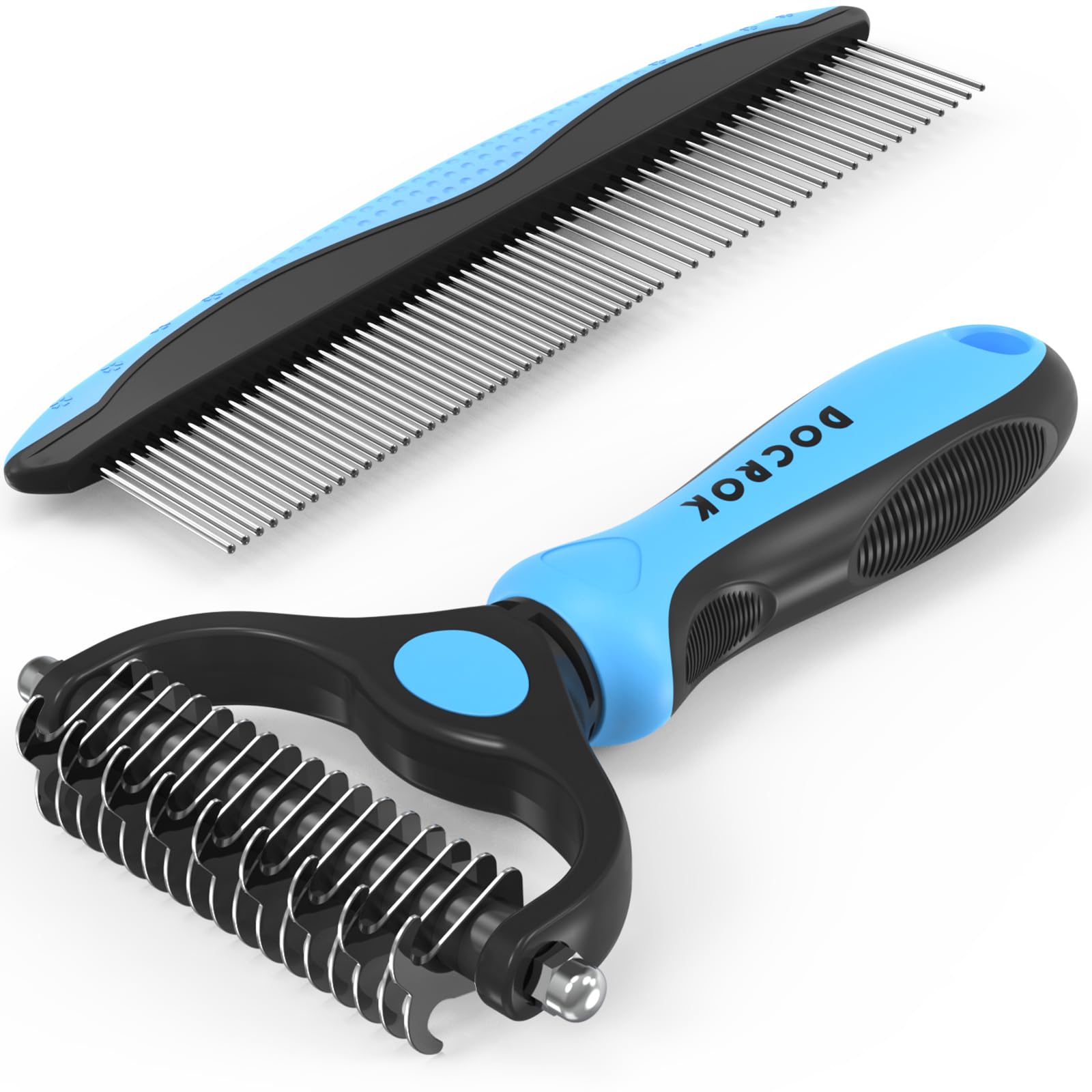 Blue Deshedding Brush & Metal Comb for Detangling Matted Fur on Long-Haired Cats